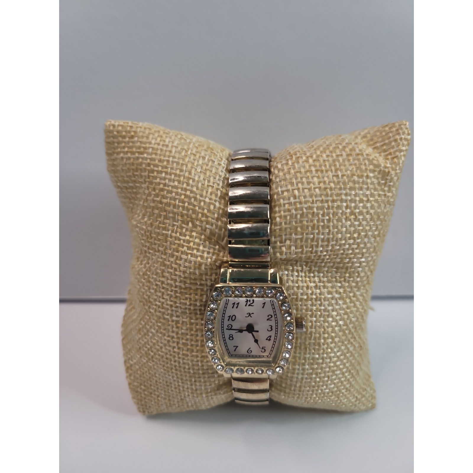 Vintage Gold Tone Rhinestone Bezel Womens Watch White Dial Stretch Band